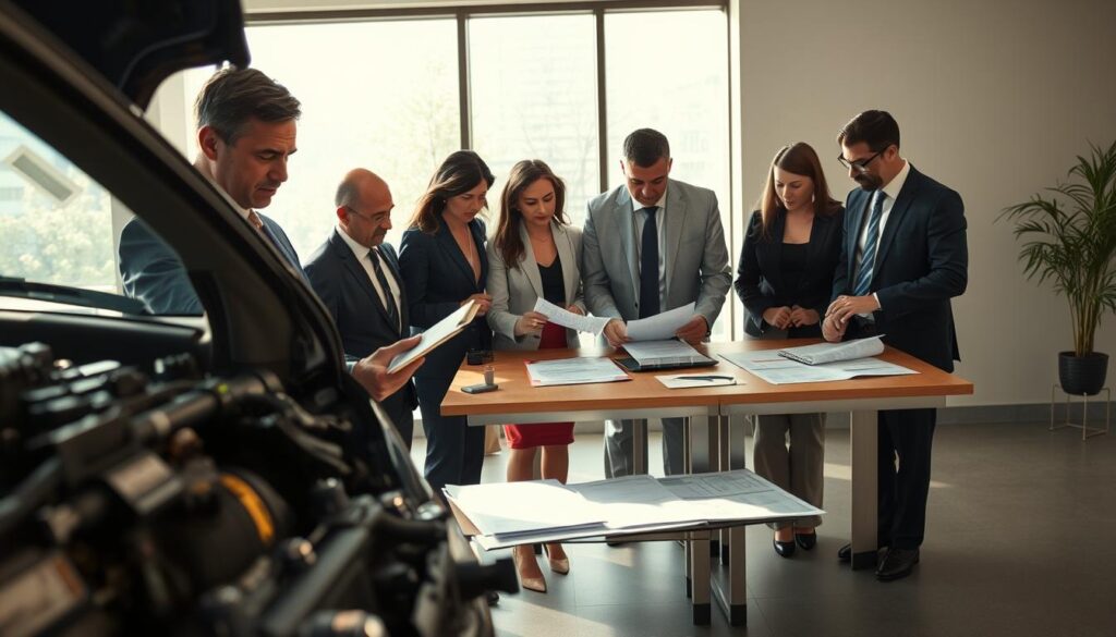 A detailed and professional image illustrating the criteria for evaluating damages by insurance companies. In the foreground, a professional businessperson dressed in formal attire closely examines a damaged vehicle, using a clipboard and a measuring tape. In the middle, a diverse team of insurance evaluators in business attire collaborates over various vehicle assessment documents on a table. The background features an office environment with a large window allowing natural sunlight to flood the space, casting soft shadows and adding warmth to the scene. The overall mood should be serious and focused, capturing the meticulous nature of damage assessment in the insurance industry. Use a wide-angle lens to enhance the sense of teamwork and professionalism. A detailed and professional image illustrating the criteria for evaluating damages by insurance companies. In the foreground, a professional businessperson dressed in formal attire closely examines a damaged vehicle, using a clipboard and a measuring tape. In the middle, a diverse team of insurance evaluators in business attire collaborates over various vehicle assessment documents on a table. The background features an office environment with a large window allowing natural sunlight to flood the space, casting soft shadows and adding warmth to the scene. The overall mood should be serious and focused, capturing the meticulous nature of damage assessment in the insurance industry. Use a wide-angle lens to enhance the sense of teamwork and professionalism.
