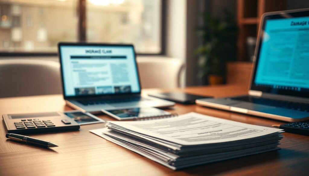 A detailed and professional setting showcasing the concept of "damage documentation" in the context of insurance claims. In the foreground, a neatly organized stack of claim documents and photographs of vehicle damages are spread across a modern wooden desk, with a pen and a calculator subtly placed next to them. In the middle ground, a laptop screen displays an insurance claim form partially filled out, casting a soft blue glow. In the background, a blurred office space with a window letting in natural light creates a calm and focused atmosphere, hinting at professionalism. The overall lighting is warm and inviting, highlighting the seriousness of the topic while evoking a sense of trust and reliability in the claims process. A detailed and professional setting showcasing the concept of "damage documentation" in the context of insurance claims. In the foreground, a neatly organized stack of claim documents and photographs of vehicle damages are spread across a modern wooden desk, with a pen and a calculator subtly placed next to them. In the middle ground, a laptop screen displays an insurance claim form partially filled out, casting a soft blue glow. In the background, a blurred office space with a window letting in natural light creates a calm and focused atmosphere, hinting at professionalism. The overall lighting is warm and inviting, highlighting the seriousness of the topic while evoking a sense of trust and reliability in the claims process.