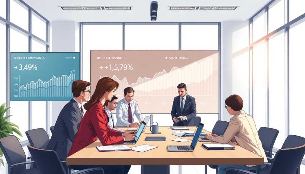 A detailed illustration depicting a group of insurance professionals in a modern office environment, analyzing claims and assessing damages. In the foreground, a diverse team of men and women dressed in professional business attire is engaged in discussion, with documents and laptops scattered on a large conference table. In the middle, large digital screens with graphs and statistics show fluctuating compensation figures, emphasizing the concept of reduced payouts. The background features large windows allowing natural light to flood in, creating a bright and open atmosphere. The overall mood is serious yet focused, conveying an air of professionalism and analytical rigor. The image should have a clean, contemporary style with soft, ambient lighting to enhance the professional setting. A detailed illustration depicting a group of insurance professionals in a modern office environment, analyzing claims and assessing damages. In the foreground, a diverse team of men and women dressed in professional business attire is engaged in discussion, with documents and laptops scattered on a large conference table. In the middle, large digital screens with graphs and statistics show fluctuating compensation figures, emphasizing the concept of reduced payouts. The background features large windows allowing natural light to flood in, creating a bright and open atmosphere. The overall mood is serious yet focused, conveying an air of professionalism and analytical rigor. The image should have a clean, contemporary style with soft, ambient lighting to enhance the professional setting.