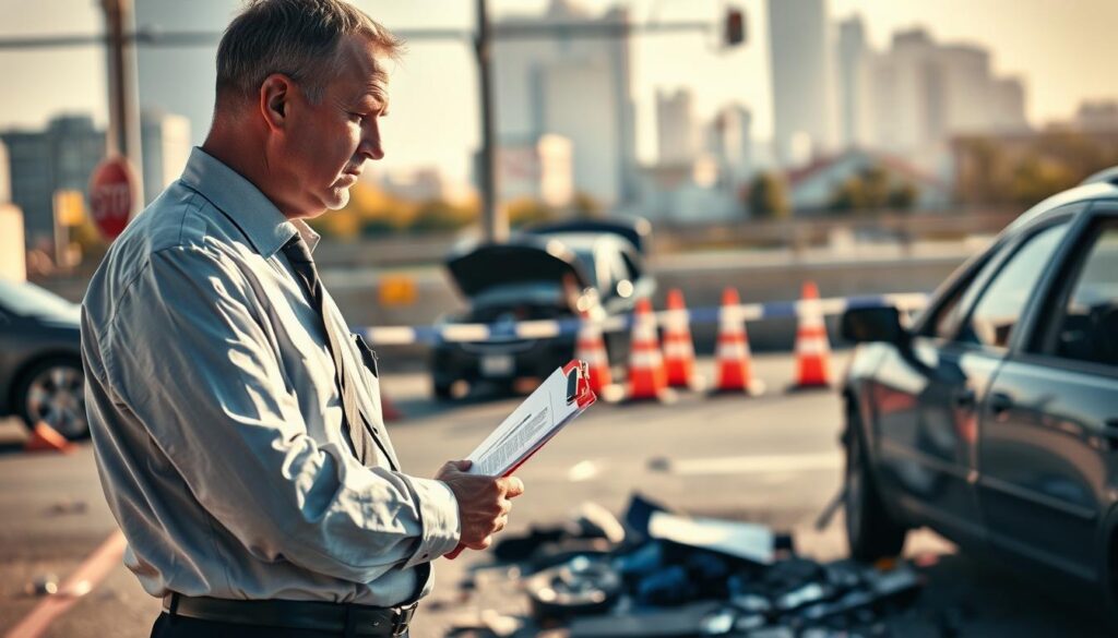 A detailed scene depicting an insurance adjuster in a professional attire examining a car accident site. In the foreground, the adjuster, a middle-aged man with short hair, is holding a clipboard and looking pensively at the damaged vehicle. The car is clearly wrecked, with crumpled metal and shattered glass, surrounded by debris. In the middle ground, there are police markers and cones in a chaotic arrangement, suggesting a recent incident. The background features a blurred cityscape, hinting at an urban environment. The lighting is dramatic, with a low-angle sunlight casting long shadows, creating a serious and contemplative atmosphere. The focus should be on the adjuster and the car, emphasizing the theme of damage assessment. A detailed scene depicting an insurance adjuster in a professional attire examining a car accident site. In the foreground, the adjuster, a middle-aged man with short hair, is holding a clipboard and looking pensively at the damaged vehicle. The car is clearly wrecked, with crumpled metal and shattered glass, surrounded by debris. In the middle ground, there are police markers and cones in a chaotic arrangement, suggesting a recent incident. The background features a blurred cityscape, hinting at an urban environment. The lighting is dramatic, with a low-angle sunlight casting long shadows, creating a serious and contemplative atmosphere. The focus should be on the adjuster and the car, emphasizing the theme of damage assessment.