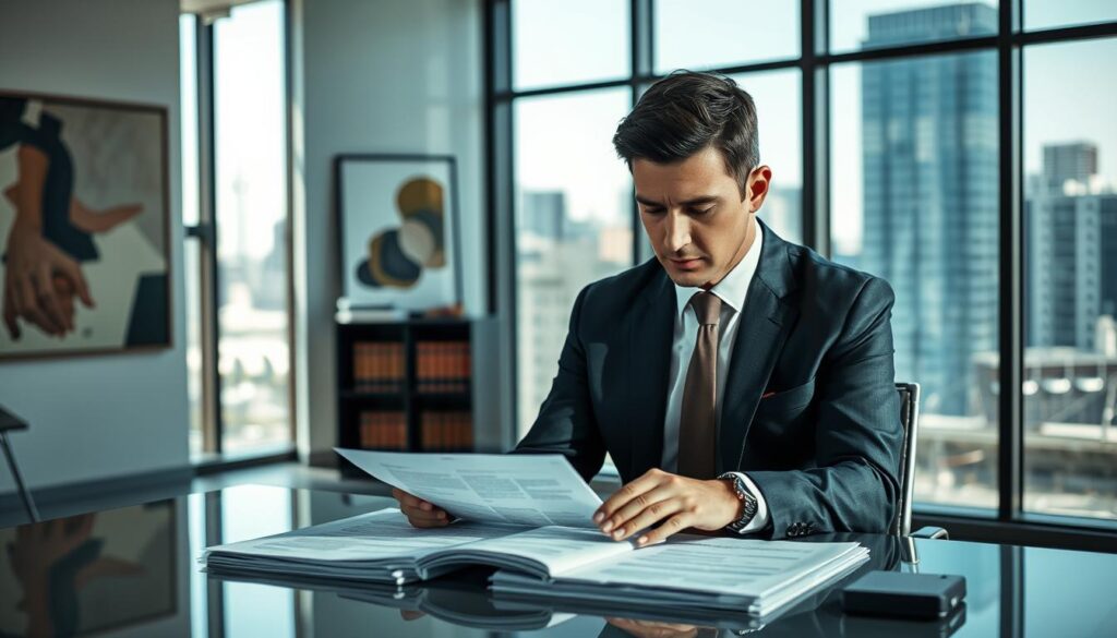 A modern office environment showcasing a business professional analyzing a claim denial document. In the foreground, a focused individual in a tailored suit, seated at a sleek desk, intently reviewing a stack of paperwork spread before them. The middle ground features a large window allowing natural light to flood in, illuminating the room and casting soft shadows. On the wall behind, abstract art and a bookshelf filled with law and insurance texts add depth. The background shows a cityscape through the glass, suggesting an urban setting. The mood should convey a sense of professionalism and analytical rigor, emphasizing the tension in understanding insurance policies and claim denial processes. A modern office environment showcasing a business professional analyzing a claim denial document. In the foreground, a focused individual in a tailored suit, seated at a sleek desk, intently reviewing a stack of paperwork spread before them. The middle ground features a large window allowing natural light to flood in, illuminating the room and casting soft shadows. On the wall behind, abstract art and a bookshelf filled with law and insurance texts add depth. The background shows a cityscape through the glass, suggesting an urban setting. The mood should convey a sense of professionalism and analytical rigor, emphasizing the tension in understanding insurance policies and claim denial processes.