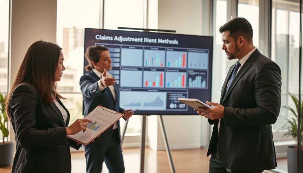 A modern office setting with a diverse group of three insurance agents in professional attire. In the foreground, one agent examines a document on a digital tablet, displaying data analysis. In the middle ground, another agent gestures towards a large digital screen illustrating various claims adjustment methods, including charts and graphs of compensation statistics. The third agent is taking notes, looking thoughtfully at the screen. The background features a sleek, contemporary office design with large windows letting in natural light, creating a bright and focused atmosphere. A warm color palette enhances the mood of professionalism and collaboration. Capture the scene from a slightly elevated angle, emphasizing teamwork and sophistication in the insurance industry. The overall focus is on effective claims adjustment practices. A modern office setting with a diverse group of three insurance agents in professional attire. In the foreground, one agent examines a document on a digital tablet, displaying data analysis. In the middle ground, another agent gestures towards a large digital screen illustrating various claims adjustment methods, including charts and graphs of compensation statistics. The third agent is taking notes, looking thoughtfully at the screen. The background features a sleek, contemporary office design with large windows letting in natural light, creating a bright and focused atmosphere. A warm color palette enhances the mood of professionalism and collaboration. Capture the scene from a slightly elevated angle, emphasizing teamwork and sophistication in the insurance industry. The overall focus is on effective claims adjustment practices.