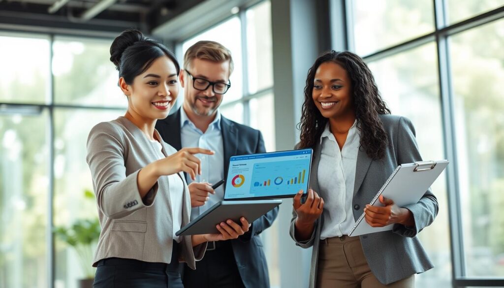 A professional and informative scene depicting alternatives to traditional insurance, featuring a diverse group of three business professionals in modern attire engaging in a collaborative discussion. In the foreground, a woman of Asian descent gestures towards a digital tablet displaying innovative insurance solutions, while a Caucasian man in glasses takes notes. In the middle ground, a tall African-American woman, holding a clipboard, contributes insights. The background showcases a bright, modern office filled with large windows, natural light pouring in, and greenery visible outside. The mood is upbeat and focused, symbolizing innovation and collaboration in the insurance sector. Use a warm color palette to create a welcoming atmosphere, with a slight depth of field to emphasize the professionals’ engagement.