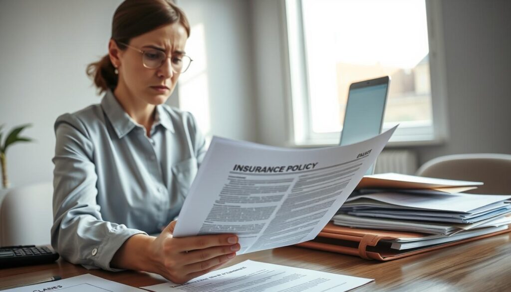 A professional business setting focused on insurance claims and policies. In the foreground, a businesswoman in modest attire is examining an insurance policy document, with a concerned expression on her face. In the middle, a desk cluttered with papers, including a calculator and a client file, conveys a sense of analysis. In the background, a large window lets in soft, natural light, casting gentle shadows across the room, emphasizing its serious atmosphere. The color palette is neutral, with soft blues and grays to reflect a calm yet tense mood. The composition should be shot from a slightly elevated angle, capturing both the document and the businesswoman's focus on the details. A professional business setting focused on insurance claims and policies. In the foreground, a businesswoman in modest attire is examining an insurance policy document, with a concerned expression on her face. In the middle, a desk cluttered with papers, including a calculator and a client file, conveys a sense of analysis. In the background, a large window lets in soft, natural light, casting gentle shadows across the room, emphasizing its serious atmosphere. The color palette is neutral, with soft blues and grays to reflect a calm yet tense mood. The composition should be shot from a slightly elevated angle, capturing both the document and the businesswoman's focus on the details.