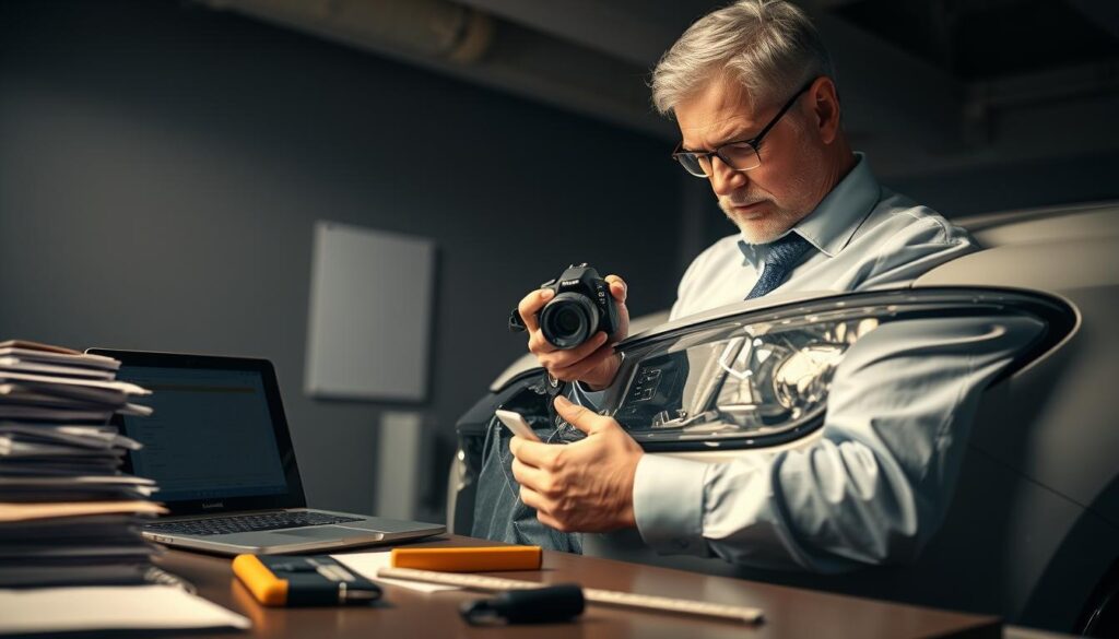 A professional, focused scene depicting an insurance adjuster documenting vehicle damage amidst a dimly lit, contemporary office space. In the foreground, a middle-aged adjuster in smart, professional attire examines a car bumper with a focused expression, utilizing a digital camera to capture images of the damage. To the left, a stack of paperwork and a laptop displaying spreadsheets can be seen, emphasizing the administrative aspect of claim processing. The middle ground shows an array of tools for measuring damages, including a ruler and a notepad for notes. The background features soft, ambient lighting that casts gentle shadows, creating a serious, investigative atmosphere. The overall mood is one of diligence and scrutiny, reflecting the themes of insurance claim analysis. A professional, focused scene depicting an insurance adjuster documenting vehicle damage amidst a dimly lit, contemporary office space. In the foreground, a middle-aged adjuster in smart, professional attire examines a car bumper with a focused expression, utilizing a digital camera to capture images of the damage. To the left, a stack of paperwork and a laptop displaying spreadsheets can be seen, emphasizing the administrative aspect of claim processing. The middle ground shows an array of tools for measuring damages, including a ruler and a notepad for notes. The background features soft, ambient lighting that casts gentle shadows, creating a serious, investigative atmosphere. The overall mood is one of diligence and scrutiny, reflecting the themes of insurance claim analysis.