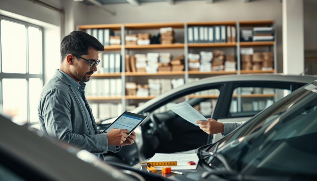 A professional insurance adjuster examining vehicle damage in a well-lit office environment. In the foreground, the adjuster, dressed in formal business attire, focuses intently on a tablet displaying assessment data. In the middle ground, a partially damaged car is presented, with visible scratches and dents, alongside a detailed report and measuring tools. The background features shelves filled with insurance files and a large window letting in natural light, creating a bright and clear atmosphere. The scene evokes a sense of professionalism and diligence, emphasizing the thorough process of loss assessment. The composition should be captured from a slightly elevated angle to incorporate all elements effectively. The mood is serious and focused, reflecting the importance of accurate evaluations in insurance claims. A professional insurance adjuster examining vehicle damage in a well-lit office environment. In the foreground, the adjuster, dressed in formal business attire, focuses intently on a tablet displaying assessment data. In the middle ground, a partially damaged car is presented, with visible scratches and dents, alongside a detailed report and measuring tools. The background features shelves filled with insurance files and a large window letting in natural light, creating a bright and clear atmosphere. The scene evokes a sense of professionalism and diligence, emphasizing the thorough process of loss assessment. The composition should be captured from a slightly elevated angle to incorporate all elements effectively. The mood is serious and focused, reflecting the importance of accurate evaluations in insurance claims.