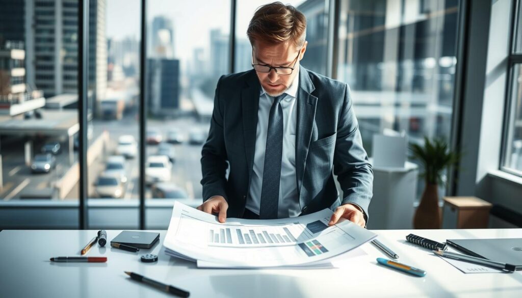 A professional insurance appraiser stands in a well-lit office environment, examining a detailed vehicle assessment report on the desk in front of him. He wears smart business attire, exuding competence and authority. In the background, a large window showcases a view of a bustling city, hinting at activity outside. The light filters through, creating a bright and focused atmosphere that symbolizes clarity and meticulousness. Soft shadows accentuate the smooth surfaces of the desk and the appraiser's thoughtful expression as he analyzes data. The composition is framed from a slightly elevated angle, emphasizing both the appraiser’s concentration and the surrounding workspace filled with tools and documents, reflecting the seriousness of the appraisal process. The overall mood is professional and analytical, suitable for discussing the critical role of appraisers in insurance claim evaluations. A professional insurance appraiser stands in a well-lit office environment, examining a detailed vehicle assessment report on the desk in front of him. He wears smart business attire, exuding competence and authority. In the background, a large window showcases a view of a bustling city, hinting at activity outside. The light filters through, creating a bright and focused atmosphere that symbolizes clarity and meticulousness. Soft shadows accentuate the smooth surfaces of the desk and the appraiser's thoughtful expression as he analyzes data. The composition is framed from a slightly elevated angle, emphasizing both the appraiser’s concentration and the surrounding workspace filled with tools and documents, reflecting the seriousness of the appraisal process. The overall mood is professional and analytical, suitable for discussing the critical role of appraisers in insurance claim evaluations.