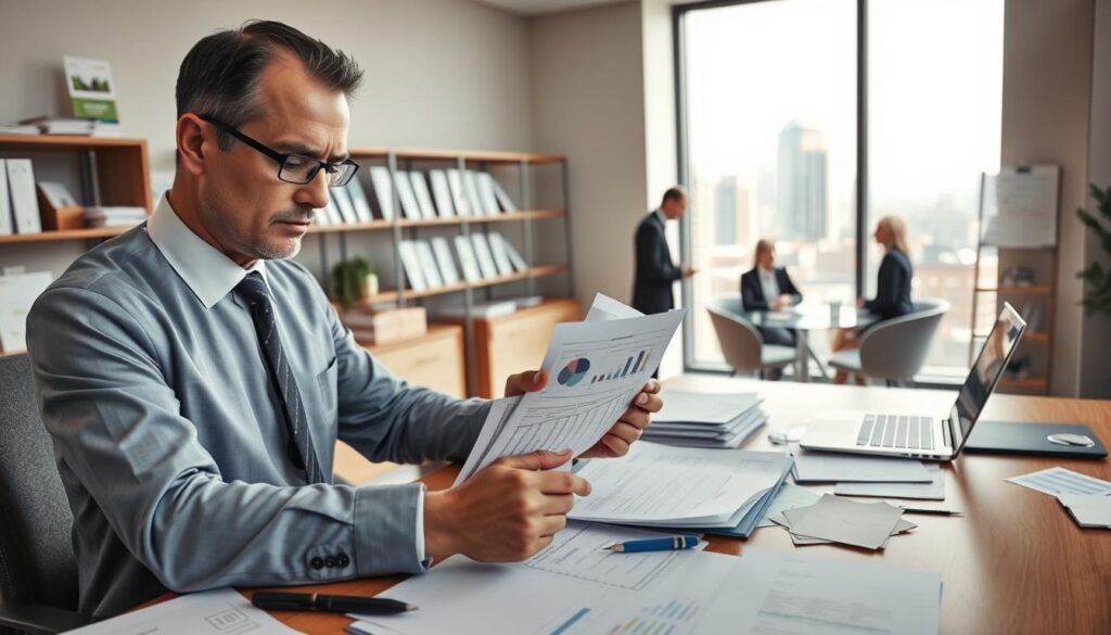 A professional insurance office interior, featuring a large desk cluttered with paperwork, policy documents, and a laptop displaying graphs and charts. In the foreground, a serious-looking insurance adjuster in formal business attire reviews a claim file, examining details with a focused expression. In the middle ground, a meeting area with a round table is visible, where two clients engage in discussion with another adjuster, emphasizing the negotiation process. The background showcases shelves filled with insurance brochures and certificates, and a large window reveals a cityscape bathed in soft, natural light, creating a professional and earnest atmosphere. The overall mood is one of diligence and scrutiny, highlighting the complex nature of insurance claims management.