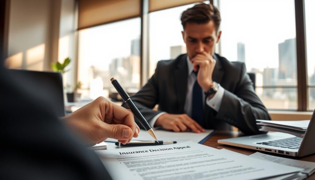 A professional office scene featuring a person in formal business attire, sitting at a desk filled with insurance documents and a laptop. The foreground shows a close-up of their hands, one holding a pen poised over a document titled "Insurance Decision Appeal." The middle ground captures the figure pondering, surrounded by stacks of paperwork and an open briefcase. In the background, a window reveals a cityscape bathed in warm natural light, casting soft shadows in the room, creating a contemplative atmosphere. The mood is serious, reflecting the weight of the appeal process in the context of insurance compensation. The image should convey a sense of determination and professionalism, focusing on the intricate details of the office environment.