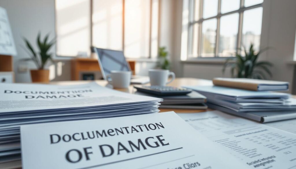 A professional office setting featuring a composition of various documents related to insurance claims and damage assessments. In the foreground, neatly stacked papers and folders labeled "Documentation of Damage" are displayed prominently. The middle area includes a well-organized workspace with a laptop, calculator, and a cup of coffee, suggesting active analysis. In the background, a large window allows soft, natural light to illuminate the room, casting gentle shadows and creating a calm atmosphere. The angle is slightly elevated, providing an overview of the workspace while maintaining focus on the documentation. The mood is serious and analytical, reflecting the importance of documentation in insurance decision-making, with a color palette of blues and grays to enhance professionalism. A professional office setting featuring a composition of various documents related to insurance claims and damage assessments. In the foreground, neatly stacked papers and folders labeled "Documentation of Damage" are displayed prominently. The middle area includes a well-organized workspace with a laptop, calculator, and a cup of coffee, suggesting active analysis. In the background, a large window allows soft, natural light to illuminate the room, casting gentle shadows and creating a calm atmosphere. The angle is slightly elevated, providing an overview of the workspace while maintaining focus on the documentation. The mood is serious and analytical, reflecting the importance of documentation in insurance decision-making, with a color palette of blues and grays to enhance professionalism.