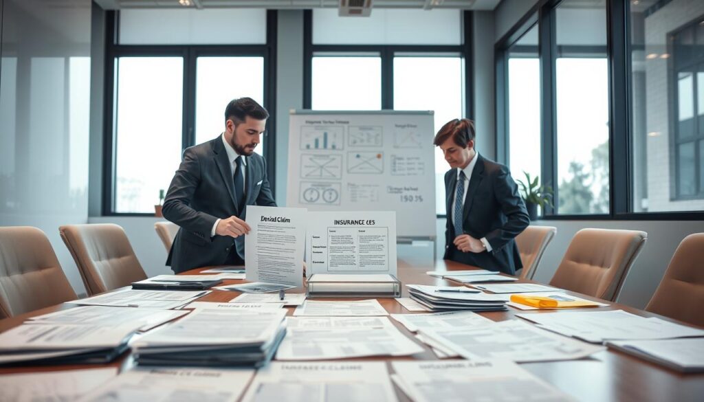 A professional office setting featuring a conference room table scattered with documents related to insurance claims, specifically focusing on denial case studies. In the foreground, a group of three individuals dressed in business attire—two men and one woman—engaged in a serious discussion, pointing at a document showing a denied claim. The middle ground showcases a whiteboard filled with diagrams and key points about insurance denial cases. In the background, large windows allow natural light to flood the room, highlighting the tense atmosphere. The lighting is soft yet focused, creating a sense of urgency and professionalism. The mood is one of determination and analysis, underscoring the complexities of insurance claims processes. A professional office setting featuring a conference room table scattered with documents related to insurance claims, specifically focusing on denial case studies. In the foreground, a group of three individuals dressed in business attire—two men and one woman—engaged in a serious discussion, pointing at a document showing a denied claim. The middle ground showcases a whiteboard filled with diagrams and key points about insurance denial cases. In the background, large windows allow natural light to flood the room, highlighting the tense atmosphere. The lighting is soft yet focused, creating a sense of urgency and professionalism. The mood is one of determination and analysis, underscoring the complexities of insurance claims processes.