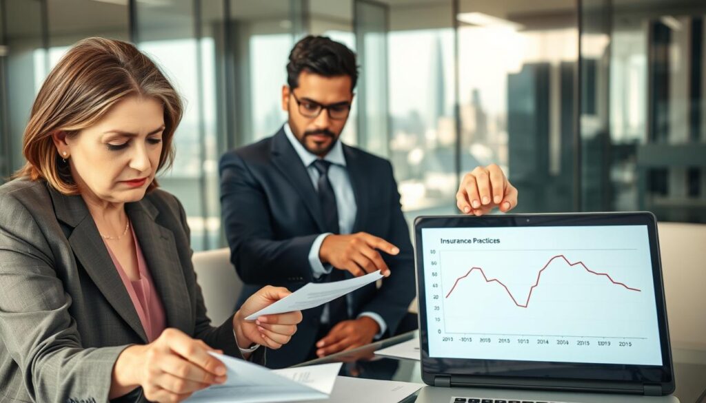A professional office setting, showcasing a diverse group of three business professionals engaged in a serious discussion over documents. In the foreground, a middle-aged Caucasian woman in a business suit examines a denial letter, her expression focused and concerned. In the middle, a young South Asian man points towards a graph on a laptop screen depicting declining compensation amounts, highlighting the analysis of insurance practices. The background features a modern office with glass walls, a city skyline visible through the windows, and soft natural lighting creating an analytical atmosphere. The overall mood is serious and contemplative, emphasizing the importance of the discussion on compensation reduction practices. A professional office setting, showcasing a diverse group of three business professionals engaged in a serious discussion over documents. In the foreground, a middle-aged Caucasian woman in a business suit examines a denial letter, her expression focused and concerned. In the middle, a young South Asian man points towards a graph on a laptop screen depicting declining compensation amounts, highlighting the analysis of insurance practices. The background features a modern office with glass walls, a city skyline visible through the windows, and soft natural lighting creating an analytical atmosphere. The overall mood is serious and contemplative, emphasizing the importance of the discussion on compensation reduction practices.