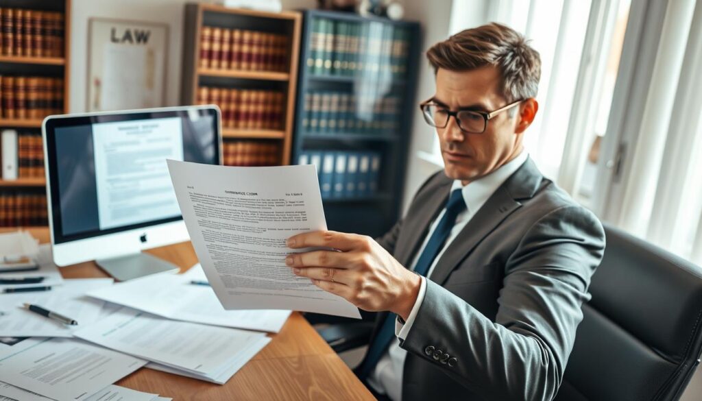 A professional office setting with a well-dressed individual, seated at a desk filled with paperwork, showing various documents related to a compensation claim. In the foreground, focus on the person intently analyzing a formal letter, embodying determination and focus. The middle ground displays a computer screen with a legal document open, highlighting the importance of understanding claims. Soft, natural lighting illuminates the workspace, giving a warm and inviting atmosphere. In the background, a bookshelf filled with law books enhances the professionalism of the setting. The angle should be from slightly above the desk, capturing both the subject’s expressions and the details on the desk, creating an engaging view that resonates with the theme of pursuing compensation claims. A professional office setting with a well-dressed individual, seated at a desk filled with paperwork, showing various documents related to a compensation claim. In the foreground, focus on the person intently analyzing a formal letter, embodying determination and focus. The middle ground displays a computer screen with a legal document open, highlighting the importance of understanding claims. Soft, natural lighting illuminates the workspace, giving a warm and inviting atmosphere. In the background, a bookshelf filled with law books enhances the professionalism of the setting. The angle should be from slightly above the desk, capturing both the subject’s expressions and the details on the desk, creating an engaging view that resonates with the theme of pursuing compensation claims.