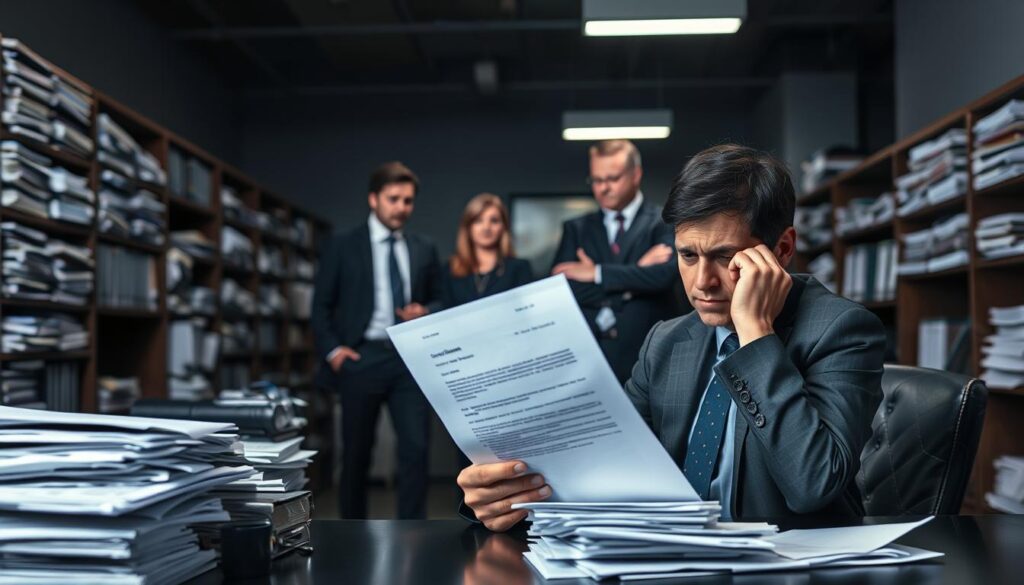 A somber office scene depicting the consequences of insurance companies denying claims. In the foreground, a worried individual, wearing professional business attire, sits at a desk piled with paperwork, looking stressed while examining a rejection letter. In the middle ground, a group of insurance agents, dressed in smart suits, discuss amongst themselves with concerned expressions, portraying the cold nature of claim rejections. The background features a dimly lit office lined with shelves of files and insurance forms, enhancing the atmosphere of tension and uncertainty. Soft, flickering fluorescent lights add to the somber mood. The image is captured at a slight angle, drawing attention to the individual's despair, emphasizing the impact of the claim denial on personal and financial well-being. A somber office scene depicting the consequences of insurance companies denying claims. In the foreground, a worried individual, wearing professional business attire, sits at a desk piled with paperwork, looking stressed while examining a rejection letter. In the middle ground, a group of insurance agents, dressed in smart suits, discuss amongst themselves with concerned expressions, portraying the cold nature of claim rejections. The background features a dimly lit office lined with shelves of files and insurance forms, enhancing the atmosphere of tension and uncertainty. Soft, flickering fluorescent lights add to the somber mood. The image is captured at a slight angle, drawing attention to the individual's despair, emphasizing the impact of the claim denial on personal and financial well-being.