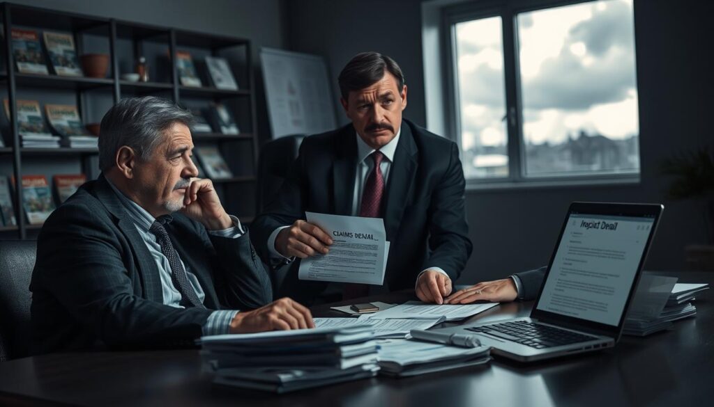 A somber office setting depicting a scene of an insurance claims denial. In the foreground, a middle-aged man in professional attire, visibly distressed, sits across a table from a stern-looking insurance agent, also in business attire. The agent is pointing to a document labeled “Claims Denial” with a serious expression. In the middle ground, a stack of paperwork and a laptop open with a rejection email displayed. The background features shelves filled with insurance brochures and a window showing a cloudy sky, hinting at an atmosphere of disappointment and frustration. The lighting is dim but focused on the subjects, creating a tense mood, emphasizing the emotional weight of the situation. The angle is slightly tilted to enhance the dramatic effect.