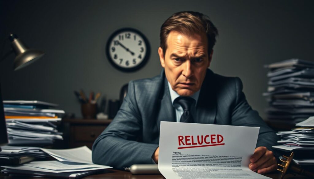 A somber office setting showing a frustrated business professional in formal attire, seated at a desk cluttered with paperwork, with a rejected insurance claim letter prominently displayed. The foreground features a focused face of the professional, expressing disappointment and concern. In the middle, a wall clock ticks ominously, indicating passing time, while a stack of bills looms in the background, creating a sense of urgency. The lighting is dim, enhanced by a single desk lamp casting shadows, creating an atmosphere of stress and uncertainty. The overall mood is tense, symbolizing the consequences of denied compensation claims, while emphasizing the importance of financial stability in challenging times. A somber office setting showing a frustrated business professional in formal attire, seated at a desk cluttered with paperwork, with a rejected insurance claim letter prominently displayed. The foreground features a focused face of the professional, expressing disappointment and concern. In the middle, a wall clock ticks ominously, indicating passing time, while a stack of bills looms in the background, creating a sense of urgency. The lighting is dim, enhanced by a single desk lamp casting shadows, creating an atmosphere of stress and uncertainty. The overall mood is tense, symbolizing the consequences of denied compensation claims, while emphasizing the importance of financial stability in challenging times.