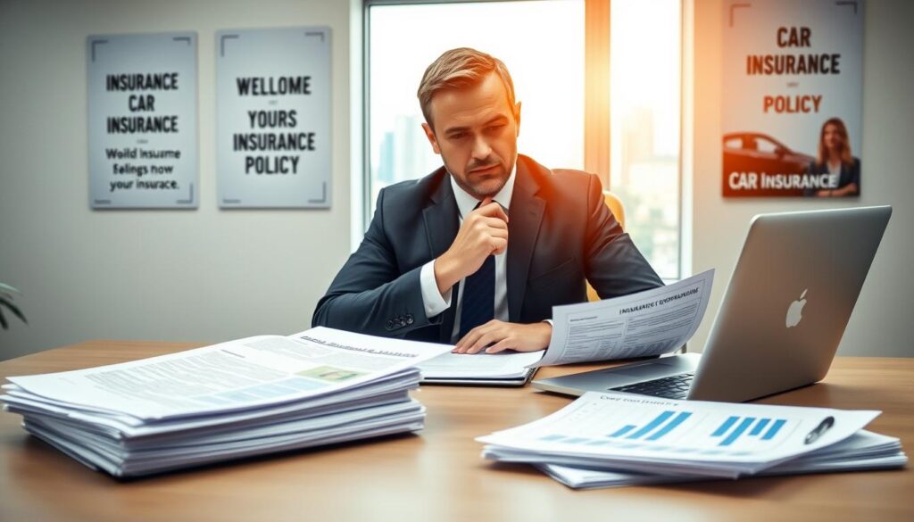 A composed scene focusing on an insurance agent sitting at a modern office desk, reviewing documents related to car insurance policies. In the foreground, a stack of detailed policy documents and a laptop displaying graphs of insurance premium comparisons. In the middle, the agent, wearing a professional business suit, is intently analyzing a policy, with a thoughtful expression. The background shows a bright and airy office environment with soft lighting, motivational posters about customer service, and a window showcasing a view of a cityscape. The mood is professional and informative, aiming to evoke a sense of trust and expertise. The overall composition should be clean, emphasizing clarity and focus on the insurance process without distractions. A composed scene focusing on an insurance agent sitting at a modern office desk, reviewing documents related to car insurance policies. In the foreground, a stack of detailed policy documents and a laptop displaying graphs of insurance premium comparisons. In the middle, the agent, wearing a professional business suit, is intently analyzing a policy, with a thoughtful expression. The background shows a bright and airy office environment with soft lighting, motivational posters about customer service, and a window showcasing a view of a cityscape. The mood is professional and informative, aiming to evoke a sense of trust and expertise. The overall composition should be clean, emphasizing clarity and focus on the insurance process without distractions.