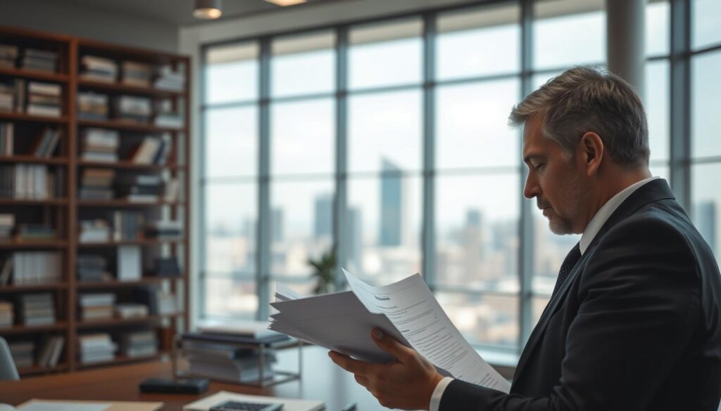 A conceptual image illustrating the theme of "reasons for damage settlement adjustments" in insurance practices. In the foreground, a professional business person in business attire is thoughtfully examining a stack of insurance claim documents, with a calculator and a pen nearby. The middle layer features a blurred office environment with shelves filled with insurance books and reports, conveying a sense of authority and professionalism. In the background, a large window reveals a city skyline, bathed in soft, natural light, creating an atmosphere of transparency and seriousness. The color palette should include muted tones to emphasize the somber nature of insurance claims. The overall mood is one of contemplation and scrutiny, highlighting the complexities involved in insurance settlements. A conceptual image illustrating the theme of "reasons for damage settlement adjustments" in insurance practices. In the foreground, a professional business person in business attire is thoughtfully examining a stack of insurance claim documents, with a calculator and a pen nearby. The middle layer features a blurred office environment with shelves filled with insurance books and reports, conveying a sense of authority and professionalism. In the background, a large window reveals a city skyline, bathed in soft, natural light, creating an atmosphere of transparency and seriousness. The color palette should include muted tones to emphasize the somber nature of insurance claims. The overall mood is one of contemplation and scrutiny, highlighting the complexities involved in insurance settlements.