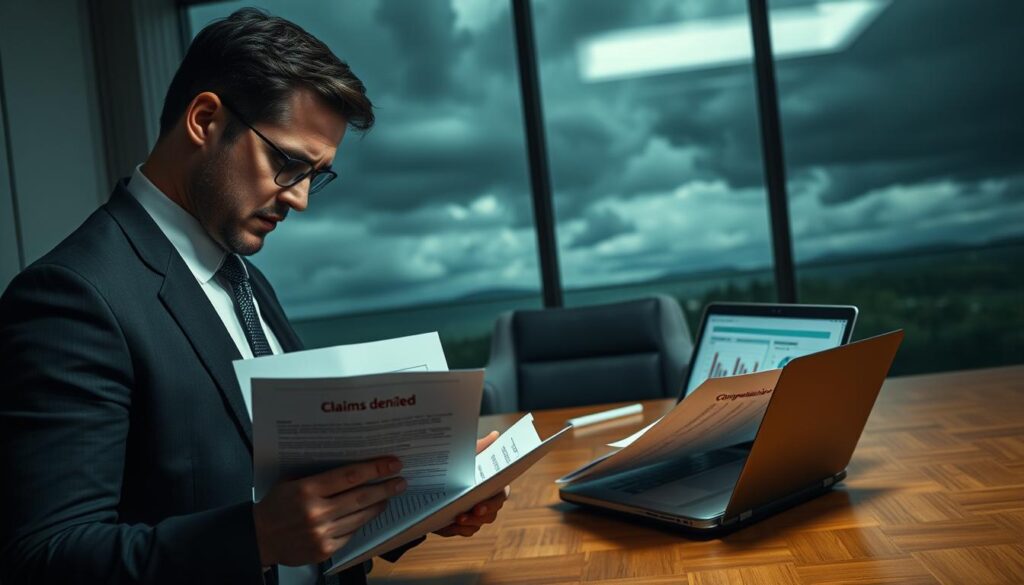 A contemplative scene depicting a professional office setting. In the foreground, a business person in a smart suit examines a stack of documents marked with red ink, representing claims being denied or undervalued. The face shows concern, reflecting a sense of frustration. In the middle, a sleek wooden desk holds a laptop displaying graphs and charts connected to insurance compensation statistics, dim light illuminating the workspace. The background features a large window with dark clouds looming outside, symbolizing uncertainty. The overall atmosphere is tense and serious, with a focus on the themes of financial distress and decision-making in the context of compensation denial. Soft, moody lighting enhances the sense of urgency and contemplation.