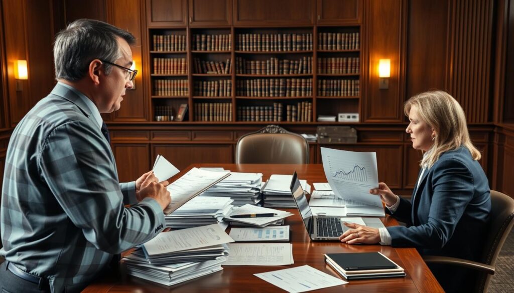 A courtroom scene depicting the nuances of insurance claims negotiations. In the foreground, a professional insurance agent in business attire is reviewing paperwork with a concerned client, illustrating the tension and complexity in their expressions. In the middle ground, a large table is cluttered with files, legal documents, and a laptop displaying graphs that suggest lowering compensation. In the background, shelves filled with law books and insurance policy documents create a scholarly atmosphere. The lighting is warm and realistic, emphasizing the serious mood with shadows that enhance the dramatic effect. The angle is slightly tilted from above, giving a comprehensive view of the interaction, suggesting a sense of scrutiny and importance in the decision-making process. A courtroom scene depicting the nuances of insurance claims negotiations. In the foreground, a professional insurance agent in business attire is reviewing paperwork with a concerned client, illustrating the tension and complexity in their expressions. In the middle ground, a large table is cluttered with files, legal documents, and a laptop displaying graphs that suggest lowering compensation. In the background, shelves filled with law books and insurance policy documents create a scholarly atmosphere. The lighting is warm and realistic, emphasizing the serious mood with shadows that enhance the dramatic effect. The angle is slightly tilted from above, giving a comprehensive view of the interaction, suggesting a sense of scrutiny and importance in the decision-making process.