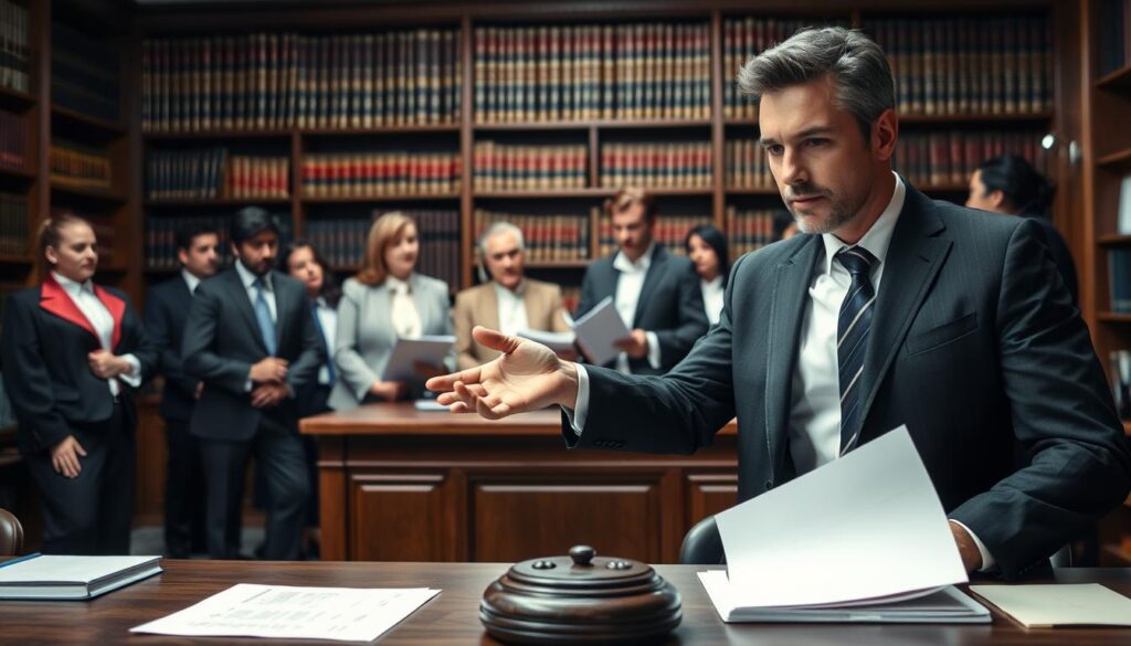 A courtroom scene featuring legal professionals discussing a case of undervalued compensation. In the foreground, a confident attorney in a sharp suit points to a document on a desk, conveying assertiveness. The middle ground shows a diverse group of legal experts engaged in a serious conversation, including a judge in traditional robes presiding over the case. In the background, bookshelves filled with law books and legal texts create a scholarly atmosphere. Soft, dramatic lighting highlights the subjects and casts light shadows, while a slight depth of field draws focus to the attorney's explanation. The overall mood should reflect tension yet professionalism, underscoring the importance of fair compensation laws. A courtroom scene featuring legal professionals discussing a case of undervalued compensation. In the foreground, a confident attorney in a sharp suit points to a document on a desk, conveying assertiveness. The middle ground shows a diverse group of legal experts engaged in a serious conversation, including a judge in traditional robes presiding over the case. In the background, bookshelves filled with law books and legal texts create a scholarly atmosphere. Soft, dramatic lighting highlights the subjects and casts light shadows, while a slight depth of field draws focus to the attorney's explanation. The overall mood should reflect tension yet professionalism, underscoring the importance of fair compensation laws.