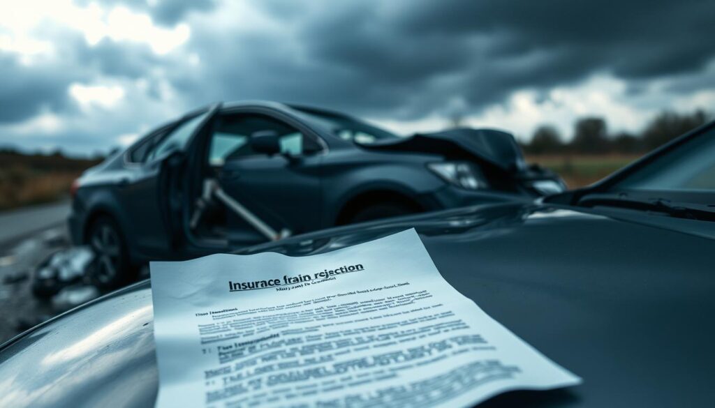 A detailed image depicting a car accident scene with a visible insurance claim rejection letter on the hood of a damaged vehicle. In the foreground, the crumpled letter shows part of its text partially visible, suggesting a sense of rejection. The middle ground features a mangled sedan with broken glass and twisted metal, surrounded by debris. In the background, a dark overcast sky looms, creating a moody atmosphere, hinting at the tension of the insurance process. Soft, diffused lighting enhances the somber tone of the scene, while a slightly tilted angle adds to the sense of chaos. The image should evoke feelings of frustration and uncertainty related to insurance claims. A detailed image depicting a car accident scene with a visible insurance claim rejection letter on the hood of a damaged vehicle. In the foreground, the crumpled letter shows part of its text partially visible, suggesting a sense of rejection. The middle ground features a mangled sedan with broken glass and twisted metal, surrounded by debris. In the background, a dark overcast sky looms, creating a moody atmosphere, hinting at the tension of the insurance process. Soft, diffused lighting enhances the somber tone of the scene, while a slightly tilted angle adds to the sense of chaos. The image should evoke feelings of frustration and uncertainty related to insurance claims.