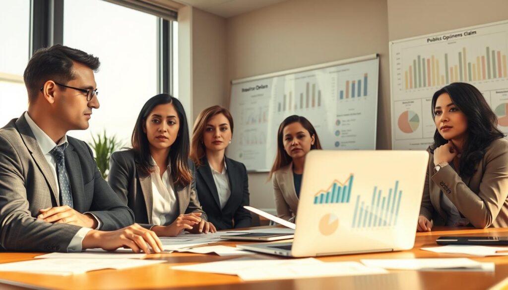 A detailed office scene depicting a formal business meeting focused on insurance claims. In the foreground, a diverse group of professionals in business attire (suits and blouses) can be seen discussing over a table filled with paperwork, charts, and a laptop displaying data analytics. The middle ground features a large window allowing natural light to fill the room, casting soft shadows and illuminating the focused expressions of the participants. In the background, a whiteboard with charts and graphs outlines public opinion data, emphasizing its impact on insurance practices. The overall atmosphere is tense but focused, reflecting a serious discussion on compensation claims. The image is shot with a slightly low angle to showcase the authority and importance of the subject matter, with warm lighting to create a professional yet inviting environment. A detailed office scene depicting a formal business meeting focused on insurance claims. In the foreground, a diverse group of professionals in business attire (suits and blouses) can be seen discussing over a table filled with paperwork, charts, and a laptop displaying data analytics. The middle ground features a large window allowing natural light to fill the room, casting soft shadows and illuminating the focused expressions of the participants. In the background, a whiteboard with charts and graphs outlines public opinion data, emphasizing its impact on insurance practices. The overall atmosphere is tense but focused, reflecting a serious discussion on compensation claims. The image is shot with a slightly low angle to showcase the authority and importance of the subject matter, with warm lighting to create a professional yet inviting environment.