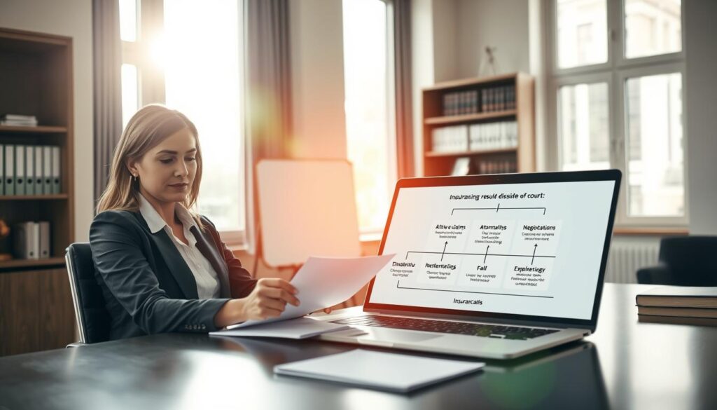 A detailed office setting with a professional atmosphere. In the foreground, a confident woman in business attire is seated at a sleek desk, closely examining documents related to insurance claims and compensation. In the middle, a laptop displays a graph illustrating alternative methods for resolving disputes outside of court, such as mediation and negotiation. The background features large windows with natural light pouring in, giving the space a warm, inviting feel. Soft, neutral colors dominate the decor, enhancing the professional yet approachable mood. A subtle lens flare from the sunlight adds a touch of warmth, while an organized bookshelf filled with legal books and files enhances the context. The overall scene conveys professionalism and a focus on problem-solving in the realm of insurance claims. A detailed office setting with a professional atmosphere. In the foreground, a confident woman in business attire is seated at a sleek desk, closely examining documents related to insurance claims and compensation. In the middle, a laptop displays a graph illustrating alternative methods for resolving disputes outside of court, such as mediation and negotiation. The background features large windows with natural light pouring in, giving the space a warm, inviting feel. Soft, neutral colors dominate the decor, enhancing the professional yet approachable mood. A subtle lens flare from the sunlight adds a touch of warmth, while an organized bookshelf filled with legal books and files enhances the context. The overall scene conveys professionalism and a focus on problem-solving in the realm of insurance claims.