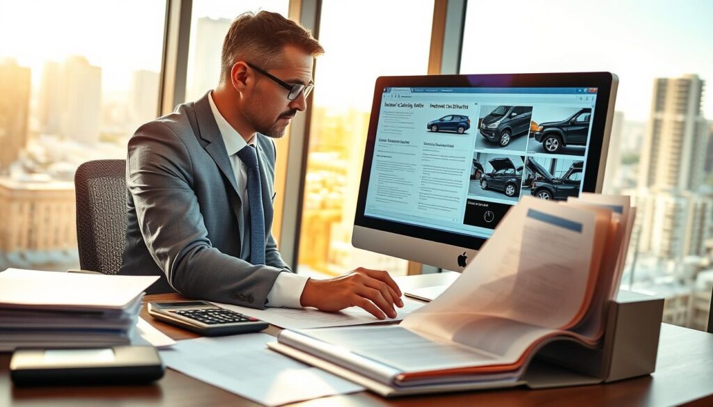A detailed scene depicting a professional insurance adjuster in a modern office, dressed in formal business attire, examining a computer screen filled with documents related to claims disputes. In the foreground, a desk cluttered with forms, a calculator, and a clear folder with labeled files suggests a thorough review process. The middle ground features the adjuster deeply focused, with a look of concentration, as they analyze images of damaged vehicles displayed on the monitor. In the background, a large window reveals a cityscape, with golden sunlight pouring in, creating a warm and diligent atmosphere. The lighting is bright yet soft, emphasizing the seriousness of the task at hand while conveying a sense of professionalism and diligence in the claims resolution process.