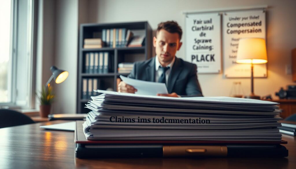 A detailed scene depicting a professional office setting focused on insurance claims, specifically "dokumentacja w sprawie odszkodowania". In the foreground, a neatly organized desk with a stacked folder labeled "Claims Documentation" and an open laptop showing a spreadsheet, illuminated by soft natural light from a nearby window. In the middle ground, a business professional, dressed in formal attire, reviews the documents with a concerned expression, symbolizing the seriousness of undercompensated claims. The background features a bookshelf filled with legal books and a motivational poster about fair compensation. The atmosphere is serious and contemplative, emphasizing the consequences of inadequate compensation. The lighting is warm with a focus on creating an inviting yet professional ambiance.