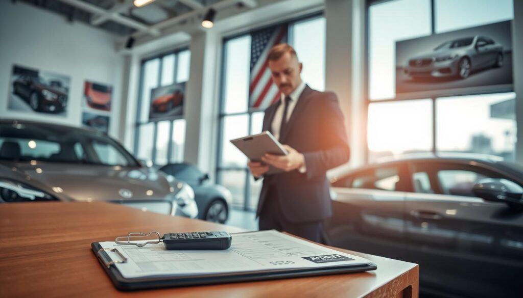 A detailed scene depicting a professional vehicle valuation process. In the foreground, a well-dressed appraiser, wearing a suit and holding a tablet, inspects a sleek, modern car. The appraiser is focused and serious, reflecting the importance of precise evaluations. In the middle ground, a clipboard with data sheets and a calculator rest on a table, representing the analytical aspect of car valuation. The background features an office environment with large windows allowing natural light to flood in, creating a bright and professional atmosphere. The office walls are adorned with car posters, adding context to the scene while maintaining a polished look. The overall mood is serious and meticulous, emphasizing the critical factors that influence insurance payouts.