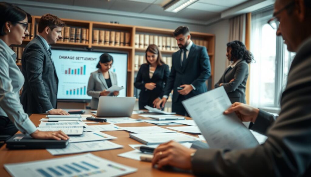 A detailed scene depicting the "procedura likwidacji szkody," focusing on a professional insurance office environment. In the foreground, a diverse group of professionals in business attire is engaged in a discussion over documents and a laptop, showcasing teamwork and analysis. In the middle ground, a large conference table is cluttered with papers, insurance forms, and a projector displaying graphs related to claims processing. The background features shelves lined with legal books and a window with soft, natural light filtering in, creating a bright and inviting atmosphere. The image captures a mood of focused collaboration, emphasizing the thorough analysis involved in the damage settlement process, with a slightly blurred depth effect to draw attention to the professionals.