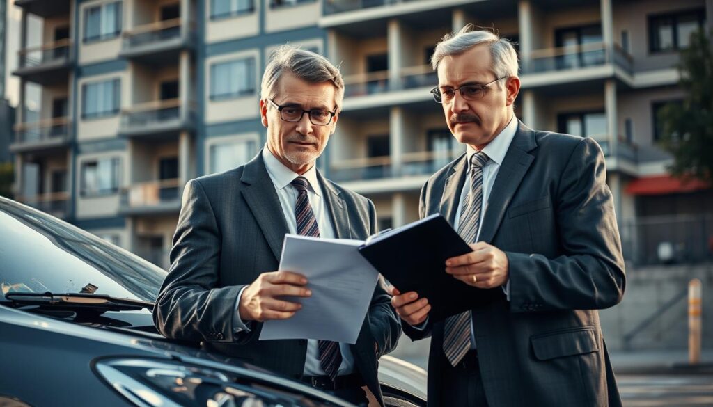 A detailed scene of a professional insurance adjuster (a middle-aged man in a smart business suit) standing in front of a partially damaged vehicle in an urban environment. He is closely examining the car's exterior with a clipboard in hand, showing a focused expression while taking notes. In the background, a building under repair can be seen, hinting at the complexities of assessing damages. The lighting is natural, with a warm afternoon glow casting soft shadows, emphasizing the somber yet professional mood of the scene. A wide-angle perspective captures both the adjuster and the damaged vehicle prominently in the foreground while incorporating elements of the cityscape in the background, creating an atmosphere of scrutiny and diligence in the insurance claims process. A detailed scene of a professional insurance adjuster (a middle-aged man in a smart business suit) standing in front of a partially damaged vehicle in an urban environment. He is closely examining the car's exterior with a clipboard in hand, showing a focused expression while taking notes. In the background, a building under repair can be seen, hinting at the complexities of assessing damages. The lighting is natural, with a warm afternoon glow casting soft shadows, emphasizing the somber yet professional mood of the scene. A wide-angle perspective captures both the adjuster and the damaged vehicle prominently in the foreground while incorporating elements of the cityscape in the background, creating an atmosphere of scrutiny and diligence in the insurance claims process.