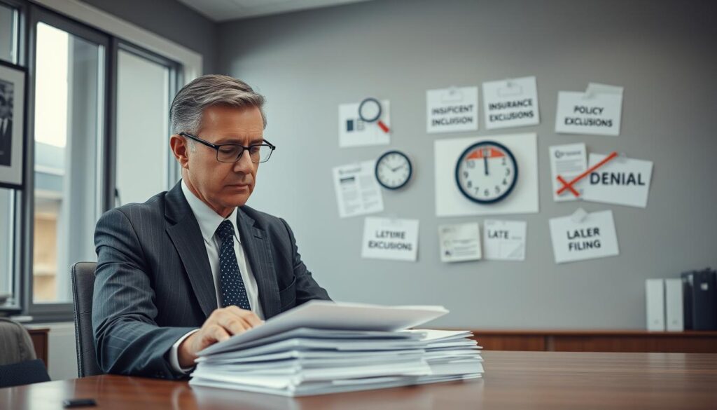 A dimensional representation of the reasons for insurance claim denial, featuring a professional office setting. In the foreground, a focused middle-aged businessperson in professional attire examines a stack of rejected insurance claims on a wooden desk, looking contemplative. In the middle ground, a wall collage illustrates various common denial reasons: insufficient documentation, policy exclusions, and late filing, depicted through symbolic images like clocks and crossed-out documents. In the background, a large window allows soft natural light to fill the room, creating a calm yet serious atmosphere. The color palette is muted, favoring grays and blues, reinforcing a tone of professionalism and seriousness in the analysis of insurance claims. The camera angle is slightly elevated, capturing all elements harmoniously. A dimensional representation of the reasons for insurance claim denial, featuring a professional office setting. In the foreground, a focused middle-aged businessperson in professional attire examines a stack of rejected insurance claims on a wooden desk, looking contemplative. In the middle ground, a wall collage illustrates various common denial reasons: insufficient documentation, policy exclusions, and late filing, depicted through symbolic images like clocks and crossed-out documents. In the background, a large window allows soft natural light to fill the room, creating a calm yet serious atmosphere. The color palette is muted, favoring grays and blues, reinforcing a tone of professionalism and seriousness in the analysis of insurance claims. The camera angle is slightly elevated, capturing all elements harmoniously.