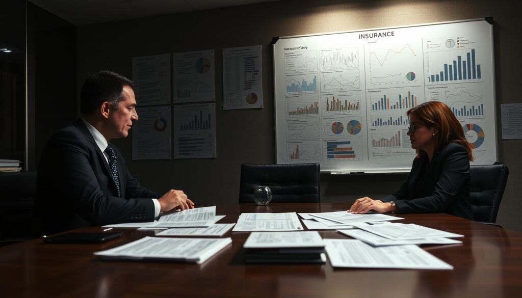 A dramatic office setting with a conference table in the foreground, where two professional individuals in business attire are engaged in a serious discussion over insurance documents spread before them. In the middle background, a large whiteboard filled with charts and graphs illustrates complex data analysis, symbolizing the techniques used by insurers. The environment has dim, ambient lighting with a focused spotlight on the table to enhance the tension of the conversation. The mood is serious and analytical, conveying the critical nature of the discussion about insurance claims and the strategies employed by insurers. The camera angle is slightly above eye level, giving a sense of oversight to the negotiation, while maintaining a professional atmosphere. A dramatic office setting with a conference table in the foreground, where two professional individuals in business attire are engaged in a serious discussion over insurance documents spread before them. In the middle background, a large whiteboard filled with charts and graphs illustrates complex data analysis, symbolizing the techniques used by insurers. The environment has dim, ambient lighting with a focused spotlight on the table to enhance the tension of the conversation. The mood is serious and analytical, conveying the critical nature of the discussion about insurance claims and the strategies employed by insurers. The camera angle is slightly above eye level, giving a sense of oversight to the negotiation, while maintaining a professional atmosphere.
