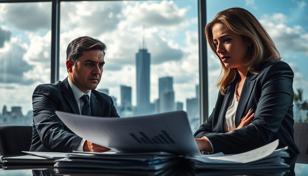 A dramatic scene depicting a meeting between insurance professionals in a modern office setting. In the foreground, two well-dressed individuals, a male and a female, are engaged in a tense discussion over a stack of papers and a laptop, symbolizing the negotiation of compensation claims. In the middle ground, a large window reveals a city skyline, with clouds casting shadows that create a serious and contemplative atmosphere. The lighting is bright and focused on the subjects, emphasizing their expressions of concern and determination. In the background, blurred office elements like financial reports and charts subtly hint at the complex strategies used by insurers to minimize compensation payouts, adding layers of context to the environment. The overall mood reflects professionalism mixed with tension and urgency.