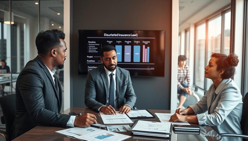 A dynamic office scene depicting a professional business meeting focused on insurance law. In the foreground, a diverse group of three individuals—two men and one woman—dressed in smart business attire, are engaged in a serious discussion over a table filled with legal documents and financial graphs. The middle ground features a large wall-mounted screen displaying a visual representation of a dispute resolution process. In the background, a modern office with glass walls reflects a bustling cityscape outside, implying a busy legal atmosphere. Soft natural light filters through the windows, casting a warm glow on the participants' focused expressions. The mood is one of determination and professionalism, highlighting the struggle to effectively challenge insurance claim denials. A dynamic office scene depicting a professional business meeting focused on insurance law. In the foreground, a diverse group of three individuals—two men and one woman—dressed in smart business attire, are engaged in a serious discussion over a table filled with legal documents and financial graphs. The middle ground features a large wall-mounted screen displaying a visual representation of a dispute resolution process. In the background, a modern office with glass walls reflects a bustling cityscape outside, implying a busy legal atmosphere. Soft natural light filters through the windows, casting a warm glow on the participants' focused expressions. The mood is one of determination and professionalism, highlighting the struggle to effectively challenge insurance claim denials.