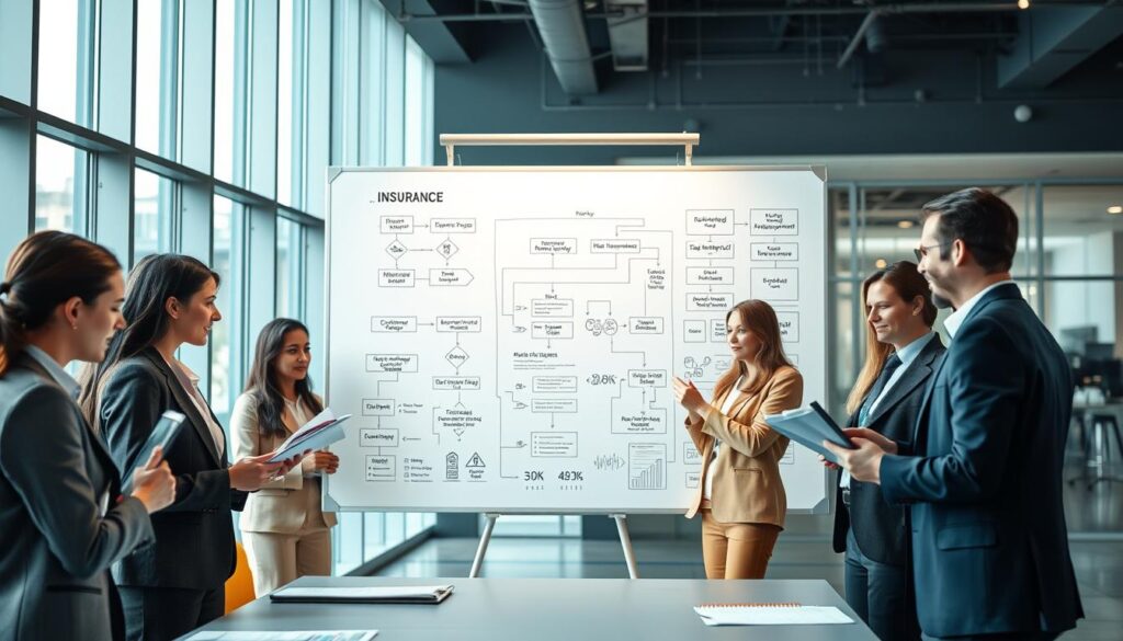 A dynamic scene illustrating the fundamental operations of an insurance company. In the foreground, a diverse group of professionals in business attire are engaged in a strategy meeting, examining documents and digital devices. The middle layer features a large whiteboard filled with flowcharts and diagrams representing claims processes, risk assessments, and policy management. In the background, a modern office setting with large windows allows natural light to flood the room, creating a bright, engaging atmosphere. The composition should convey a sense of collaboration and attention to detail, emphasizing the systematic approach of insurers. The focus is clear and sharp, captured from a slightly elevated angle to showcase both the teamwork in the foreground and the informative elements on the whiteboard.