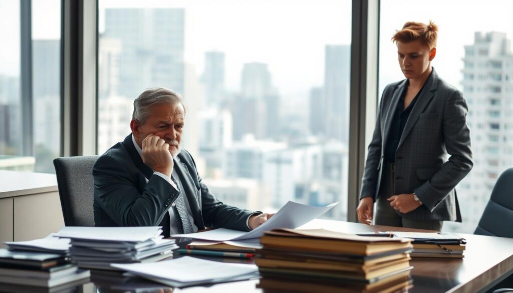 A frustrated insurance agent sitting at a desk in a modern office, with papers and documents spread out around them. The agent, a middle-aged individual in business attire, appears engaged in a heated discussion with a client, who stands nearby with a concerned expression. In the background, a large window reveals a cityscape, casting soft natural light into the room, enhancing the tense atmosphere. The agent's expression reflects a blend of frustration and determination, while the client looks anxious and uncertain. The focus is on their facial expressions and body language, capturing the essence of conflict and negotiation over an insurance claim. The scene conveys a professional yet tense mood, emphasizing the impact of insurance disputes. A frustrated insurance agent sitting at a desk in a modern office, with papers and documents spread out around them. The agent, a middle-aged individual in business attire, appears engaged in a heated discussion with a client, who stands nearby with a concerned expression. In the background, a large window reveals a cityscape, casting soft natural light into the room, enhancing the tense atmosphere. The agent's expression reflects a blend of frustration and determination, while the client looks anxious and uncertain. The focus is on their facial expressions and body language, capturing the essence of conflict and negotiation over an insurance claim. The scene conveys a professional yet tense mood, emphasizing the impact of insurance disputes.