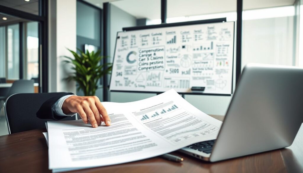 A knowledgeable insurance adjuster sitting at a modern office desk, reviewing a comprehensive document about compensation procedures. In the foreground, a clear view of hands pointing to specific sections of a contract, emphasizing the importance of understanding compensation claims. The middle ground features a laptop, open with charts and graphs illustrating data on compensation calculations. Behind, a large whiteboard filled with notes and diagrams explaining the claims process, creating an educational atmosphere. The lighting is bright and professional, mimicking natural daylight through large windows. The mood conveys focus and clarity, symbolizing empowerment through education for those affected by under-compensation.