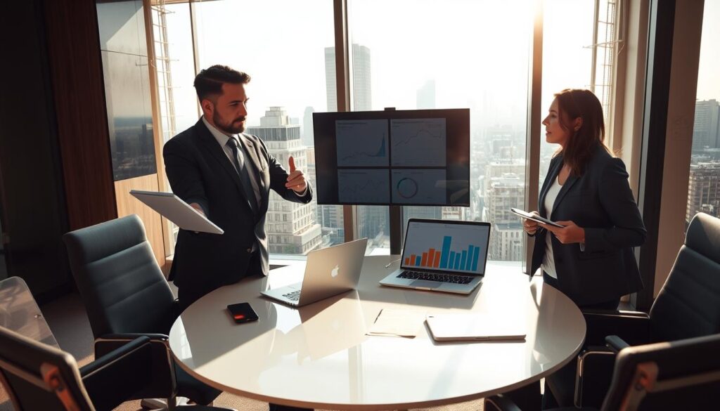 A modern office conference room setting, featuring two professional-looking individuals engaged in intense discussions over claim negotiations. One person, a man in a sharp suit holding a notepad, points decisively toward a laptop displaying graphs of compensation claims. The other, a woman in a tailored blazer, listens intently while taking notes. In the background, a large window reveals a cityscape, drenched in natural sunlight, adding warmth and encouraging a collaborative atmosphere. A sleek, round conference table is surrounded by stylish chairs, and a digital screen displays relevant charts and statistics. The mood should convey professionalism and determination, focusing on the strong dynamics of negotiation. The perspective is from an angle that captures both individuals and their surroundings, emphasizing a sense of urgency and focus in the negotiation process.