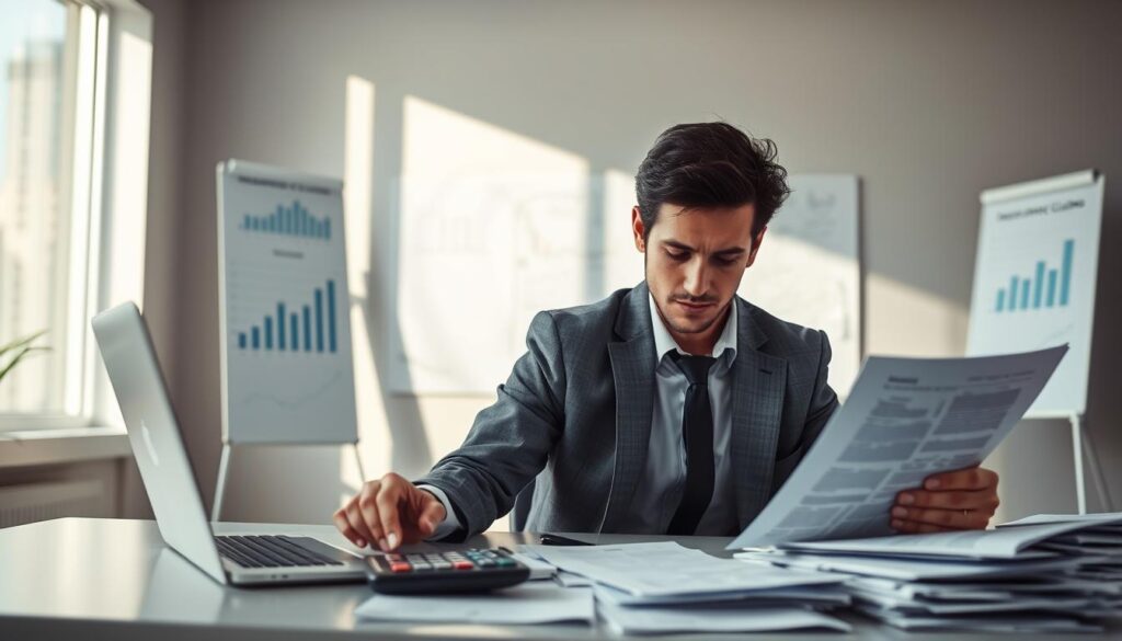 A modern office setting depicting an insurance claims analyst deeply focused on examining various documents and case files related to insurance claims denials. In the foreground, a professional individual dressed in business attire is seated at a sleek desk cluttered with papers, a laptop, and a calculator, with look of determination. The middle ground features a whiteboard with graphs and statistics, highlighting trends in denied claims. In the background, a large window allows soft natural light to stream in, casting gentle shadows, enhancing a serious yet contemplative atmosphere. The overall mood conveys a diligent exploration of complex issues, illustrating the analytical process of evaluating the reasons behind insurance claim refusals. The scene captures intensity and professionalism without any distractions or text. A modern office setting depicting an insurance claims analyst deeply focused on examining various documents and case files related to insurance claims denials. In the foreground, a professional individual dressed in business attire is seated at a sleek desk cluttered with papers, a laptop, and a calculator, with look of determination. The middle ground features a whiteboard with graphs and statistics, highlighting trends in denied claims. In the background, a large window allows soft natural light to stream in, casting gentle shadows, enhancing a serious yet contemplative atmosphere. The overall mood conveys a diligent exploration of complex issues, illustrating the analytical process of evaluating the reasons behind insurance claim refusals. The scene captures intensity and professionalism without any distractions or text.