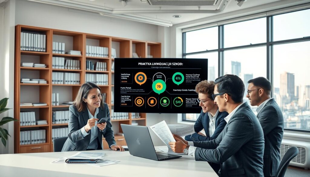 A modern office setting depicting the concept of "praktyka likwidacji szkód" with a focus on alternatives to traditional insurance. In the foreground, a diverse team of professionals in business attire are engaged in a discussion around a table, reviewing documents and using a laptop with energetic expressions. The middle layer features a large screen displaying infographics about insurance claims and alternative solutions. In the background, bookshelves filled with reference materials and a large window revealing a city skyline during the daytime. Soft, natural lighting floods the space, creating a collaborative and optimistic atmosphere. The composition should suggest a forward-thinking approach to insurance practices, emphasizing transparency and innovation.