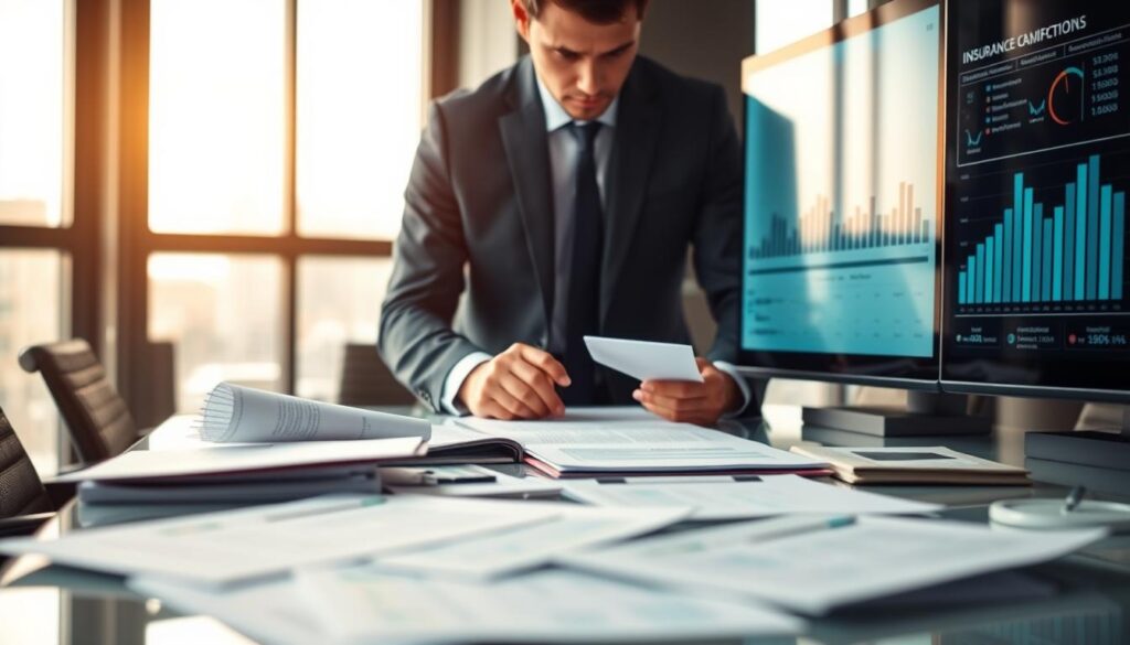 A modern office setting focused on the theme of insurance claims evaluation, showcasing a determined professional in formal business attire analyzing a large digital screen filled with charts and statistics. In the foreground, emphasize the professional's intense expression as they examine data points related to compensation amounts. In the middle ground, display various documents and financial reports scattered across a sleek conference table, highlighting the intricacies of the claims process. The background should include a blurred view of an office with large windows letting in soft, natural light, creating an atmosphere of focus and seriousness. Capture the image with a slight downward angle, evoking a sense of depth and engagement in the scene. The overall mood conveys urgency and professionalism.