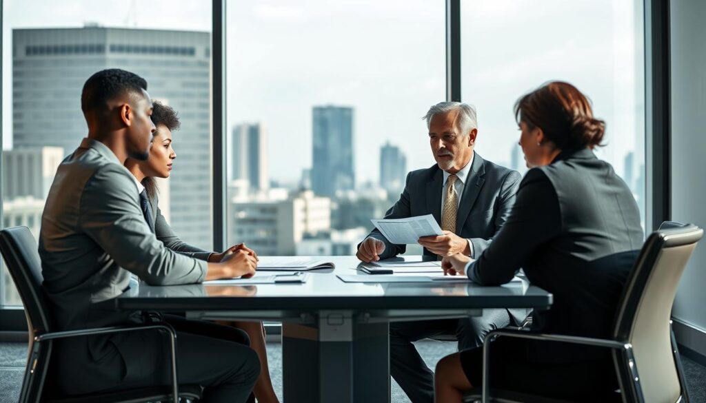 A modern office setting, showcasing a professional mediation session regarding insurance claims. Foreground: A diverse group of three professionals—two individuals of differing ethnicities and one middle-aged Caucasian man—sitting around a sleek conference table, dressed in business attire, with papers and documents related to claims in front of them. Middle ground: A mediator, a woman of African descent in a smart suit, actively facilitating the discussion, pointing at a document. Background: Large windows revealing a cityscape, soft natural light illuminating the room, casting subtle shadows. The atmosphere is tense yet focused, emphasizing the serious nature of resolving disputes over insurance claims. A modern office setting, showcasing a professional mediation session regarding insurance claims. Foreground: A diverse group of three professionals—two individuals of differing ethnicities and one middle-aged Caucasian man—sitting around a sleek conference table, dressed in business attire, with papers and documents related to claims in front of them. Middle ground: A mediator, a woman of African descent in a smart suit, actively facilitating the discussion, pointing at a document. Background: Large windows revealing a cityscape, soft natural light illuminating the room, casting subtle shadows. The atmosphere is tense yet focused, emphasizing the serious nature of resolving disputes over insurance claims.