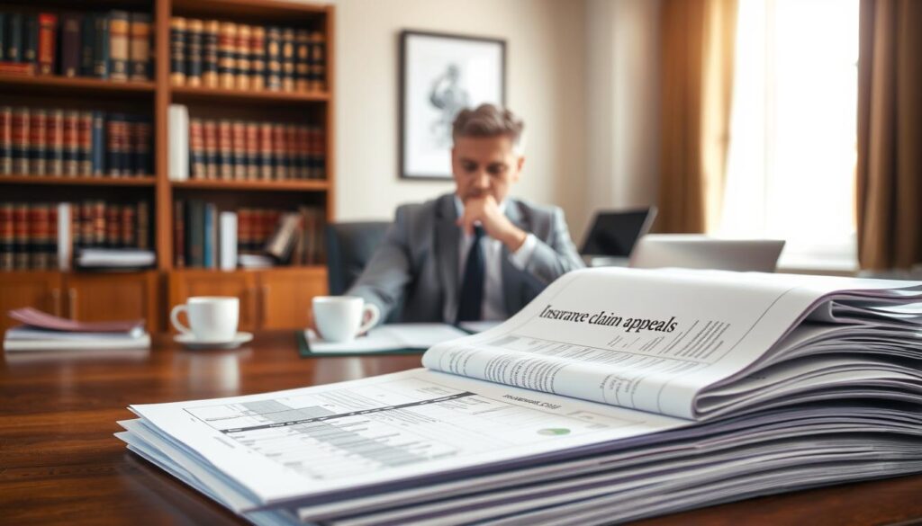 A professional and contemplative office space with a wooden desk, where a middle-aged person in formal business attire is reviewing a stack of documents labeled "insurance claim appeals." The foreground features a close-up of the paperwork, showcasing the text and charts detailing claim details. In the middle ground, the person, deep in thought, is surrounded by open files, a laptop, and a cup of coffee, reflecting determination and focus. The background has a soft-focus view of a bookshelf filled with law books and insurance-related literature. Natural light filters through a window, creating a warm and inviting atmosphere, highlighting the seriousness of the task at hand while suggesting a sense of urgency in resolving the appeal.