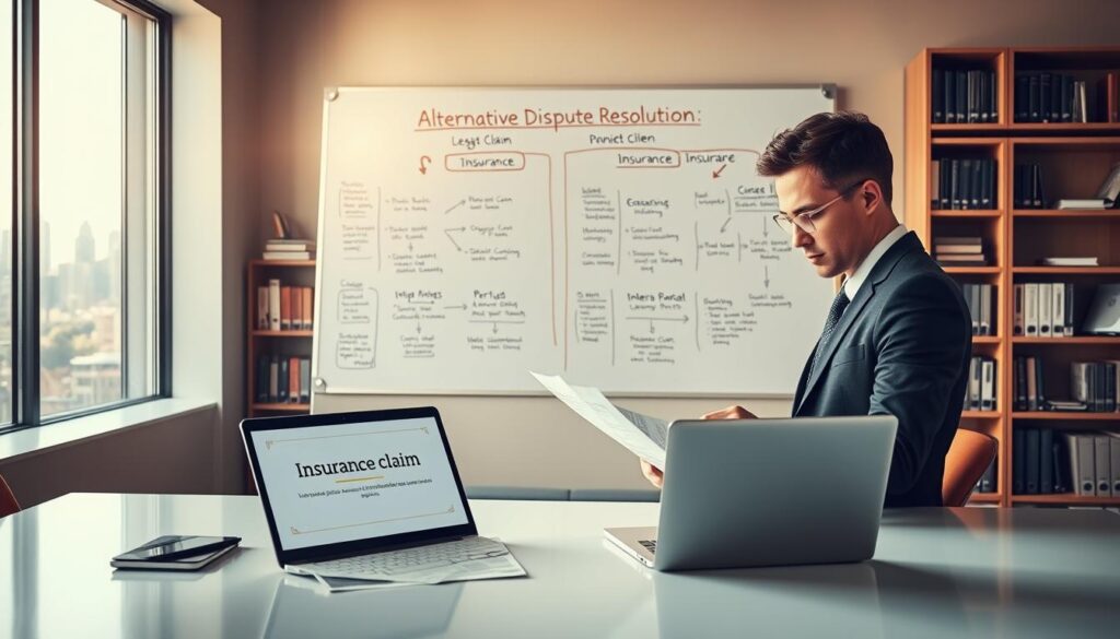 A professional and serene office setting with a modern desk in the foreground, featuring a laptop open to a document titled "Insurance Claim." A focused individual in professional business attire is reviewing paperwork, visually contemplating their options. In the middle, a large whiteboard displays diagrams of insurance processes and alternative dispute resolution methods, with notes and flowcharts. The background shows bookshelves filled with legal and insurance literature, and a window revealing a city skyline with soft sunlight streaming in, creating a bright and optimistic atmosphere. The lighting is warm and inviting, giving a sense of professionalism and determination to fight for rightful compensation. The image captures the essence of navigating insurance claims and exploring alternative methods of resolution. A professional and serene office setting with a modern desk in the foreground, featuring a laptop open to a document titled "Insurance Claim." A focused individual in professional business attire is reviewing paperwork, visually contemplating their options. In the middle, a large whiteboard displays diagrams of insurance processes and alternative dispute resolution methods, with notes and flowcharts. The background shows bookshelves filled with legal and insurance literature, and a window revealing a city skyline with soft sunlight streaming in, creating a bright and optimistic atmosphere. The lighting is warm and inviting, giving a sense of professionalism and determination to fight for rightful compensation. The image captures the essence of navigating insurance claims and exploring alternative methods of resolution.