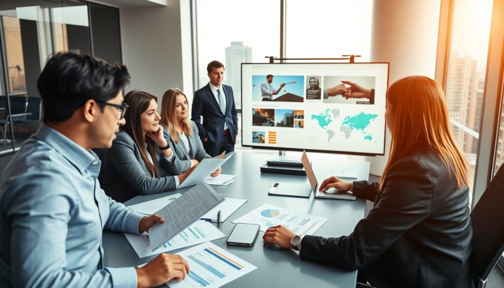 A professional business meeting set in a bright, modern conference room, featuring a diverse group of individuals dressed in business attire. In the foreground, a focused male and female team discuss case studies, with paperwork and a laptop open in front of them, with graphs and charts visible. In the middle ground, a large screen displays key findings and visuals related to case studies, symbolizing analysis and research. The background shows large windows allowing natural light to fill the room, with a cityscape visible outside, conveying an atmosphere of professionalism and collaboration. The lighting is warm and inviting, creating a productive mood conducive to discussion and problem-solving, captured from a slightly elevated angle to encompass the room's layout.
