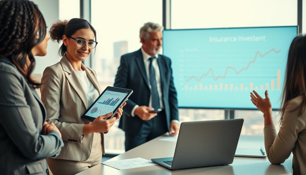 A professional business setting depicting a diverse group of individuals engaged in a discussion about insurance investments. In the foreground, a confidently dressed businesswoman holds a tablet, displaying insurance charts and data, while a middle-aged man in corporate attire gestures towards a financial graph on a large screen. The middle ground features a modern conference table with papers and a laptop, symbolizing analysis and strategy. The background shows a large window with city skyline views, allowing soft natural light to illuminate the scene, creating a bright, optimistic atmosphere. The focus is on collaboration, investment, and the serious yet hopeful mood surrounding financial planning and insurance.