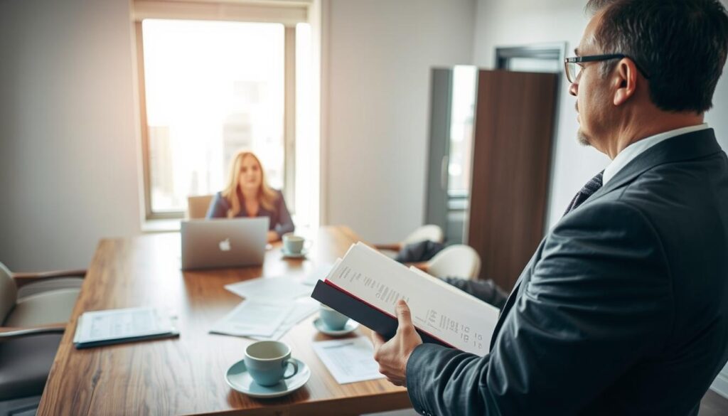 A professional business setting depicts a meeting between an insurance adjuster and a claimant discussing compensation issues. In the foreground, a middle-aged man in a tailored suit, holding a folder, looks concerned as he discusses a claim with a woman in professional attire, who sits across the table with a look of determination. The middle ground features a wooden conference table scattered with paperwork, a laptop, and a coffee cup. In the background, a bright window streams natural light into the room, revealing a cityscape outside. Soft, warm lighting enhances the serious atmosphere, conveying a sense of negotiation and urgency. The image captures the intensity of discussions around reduced compensation, focusing on body language and facial expressions, while maintaining a professional tone. A professional business setting depicts a meeting between an insurance adjuster and a claimant discussing compensation issues. In the foreground, a middle-aged man in a tailored suit, holding a folder, looks concerned as he discusses a claim with a woman in professional attire, who sits across the table with a look of determination. The middle ground features a wooden conference table scattered with paperwork, a laptop, and a coffee cup. In the background, a bright window streams natural light into the room, revealing a cityscape outside. Soft, warm lighting enhances the serious atmosphere, conveying a sense of negotiation and urgency. The image captures the intensity of discussions around reduced compensation, focusing on body language and facial expressions, while maintaining a professional tone.
